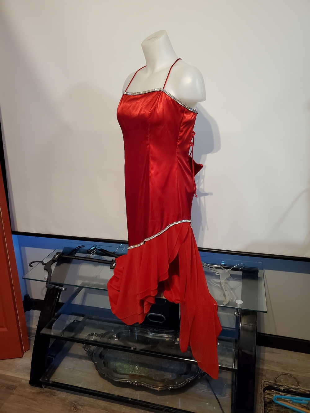 Red Satin Spaghetti-Strap Evening Dress with Rhinestone Trim